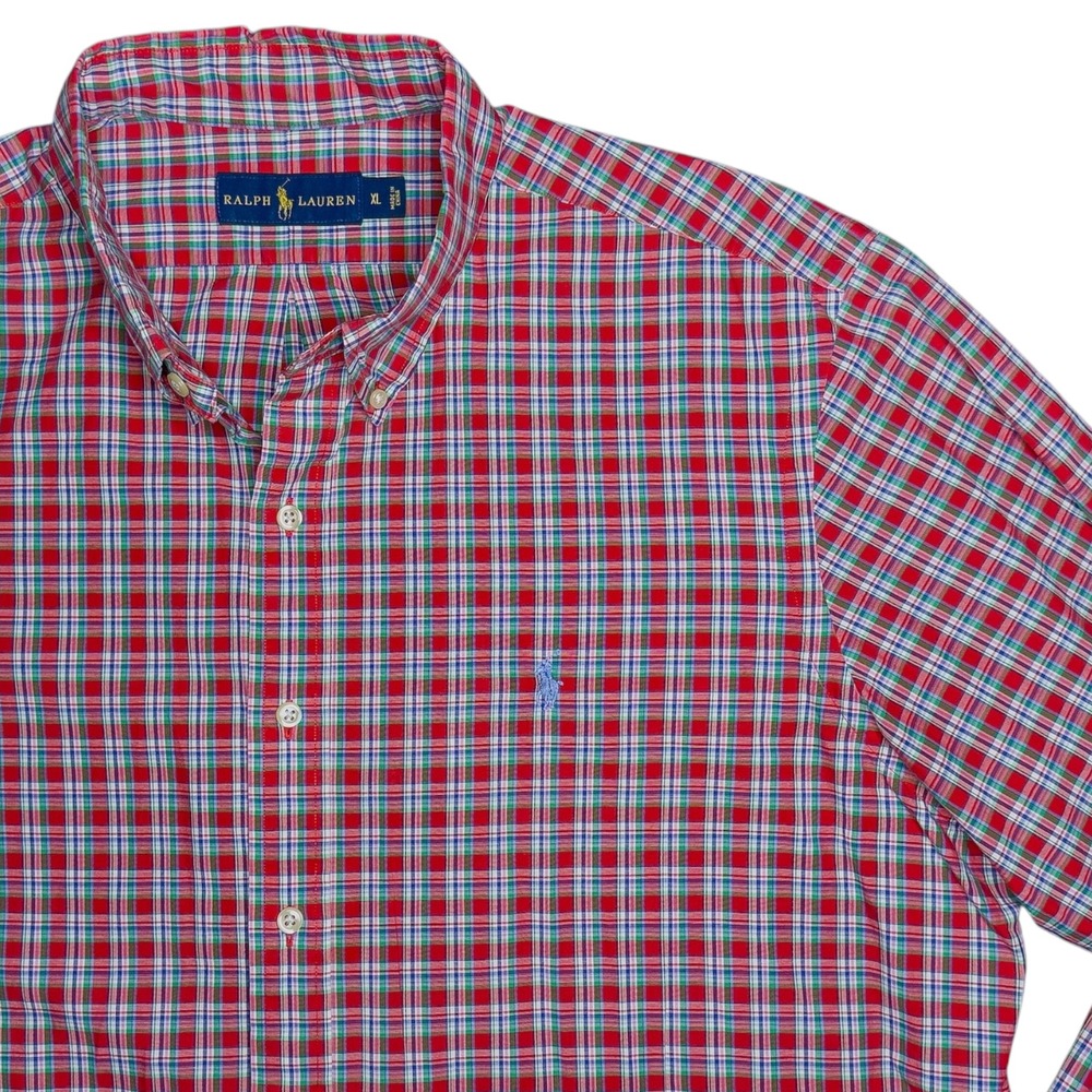 Polo Ralph Lauren Men's Dress Shirt XL 100% Cotton Red Plaid Light Blue Pony